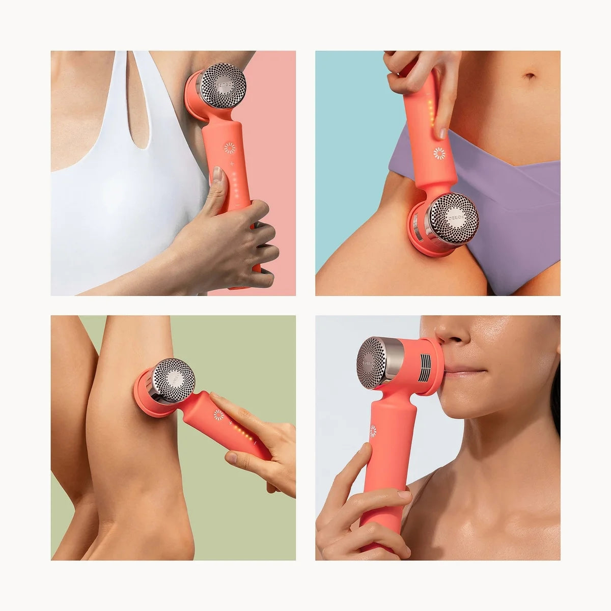 A four-panel collage showing a handheld facial and neck massage device in coral pink being used on a woman's face, shoulder, upper arm, and jawline. The device has a rounded rectangular body with a circular head and a small digital display.