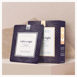 FOREO Call It a Night overnight mask packaging, showing a single sachet and its outer box in a dark purple color with white polka dots and cream-colored labels.