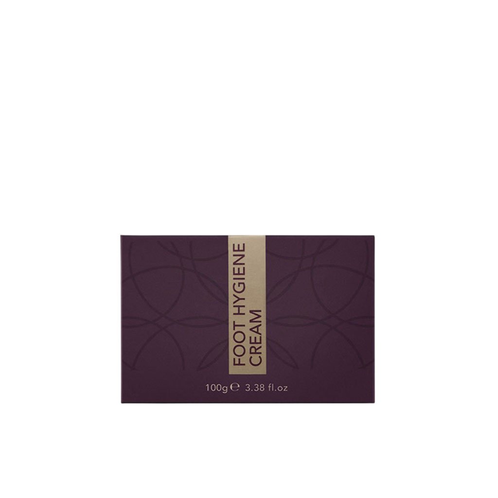 Box of foot hygiene cream with a purple design on a white background