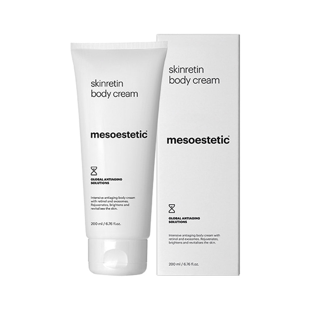 Mesoestetic skinretin body cream with packaging on a white background