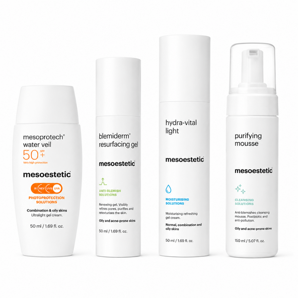 Four white Mesosestetic skincare bottles and tubes arranged side by side on a white background, including Water Veil, Resurfacing Gel, Hydra-Vital Light, and Purifying Mousse.