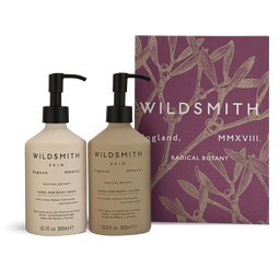 Two Wildsmith skincare bottles with a packaging box on a white background