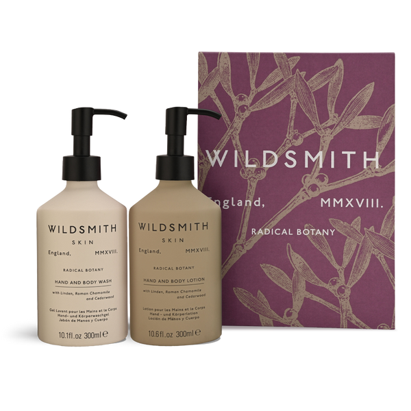 Two Wildsmith skincare bottles with a packaging box on a white background