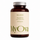 A bottle of MyOva Balance food supplement, featuring an amber glass bottle with a silver metal cap and a cream-colored label with green text.