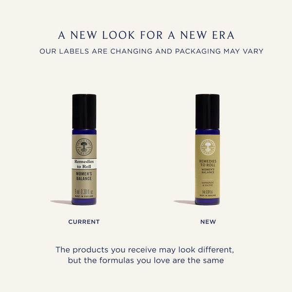 Two bottles labeled 'Current' and 'New' with text about product changes on a white background.