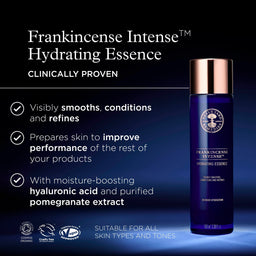 Frankincense Intense Hydrating Essence bottle with product details on a dark background