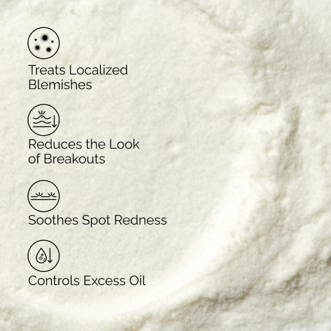 Text detailing skincare benefits on a textured beige background