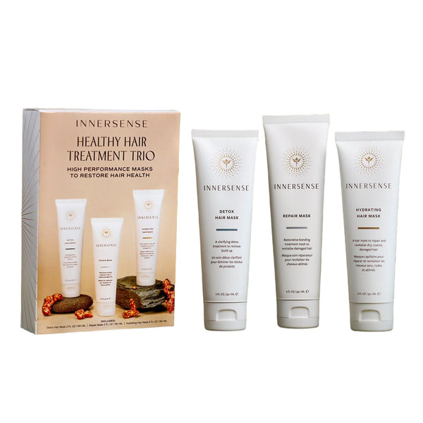 INNERSENSE Healthy Hair Treatment Trio on a green background