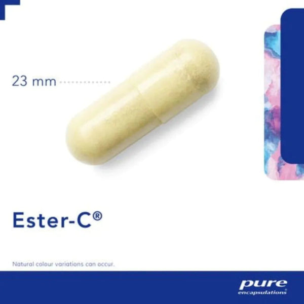 A single pale yellow capsule labeled 'Ester-C' with a '23 mm' measurement callout on a white background, with blue branding and a small colorful product package edge visible on the right. Pure Encapsulations branding appears at the bottom right.