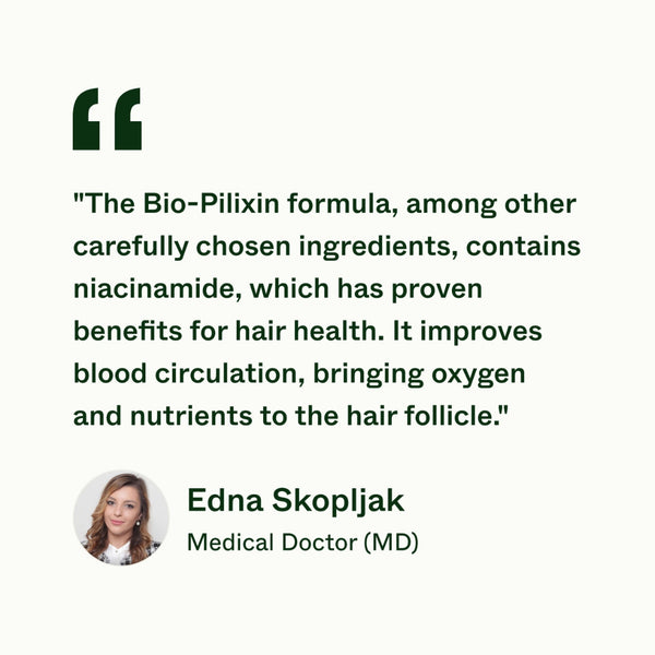 Text quote about Bio-Pilixin formula with a medical doctor's name and title.