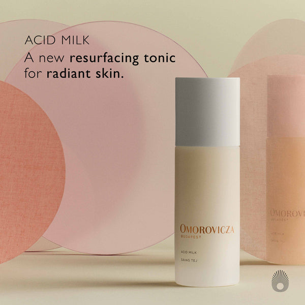Omorovicza Acid Milk skincare product with packaging on a beige background