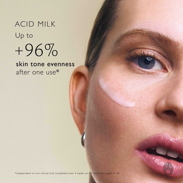 Close-up of a woman's face with product application, text about skin tone evenness, on a beige background.
