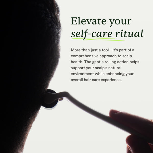 Person using a hair roller on their scalp with text about self-care rituals.