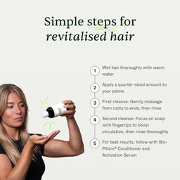 Woman holding a bottle of hair care product with steps for revitalized hair on a white background