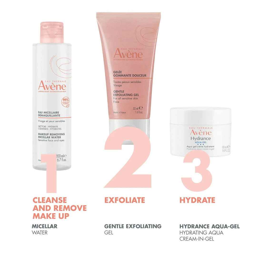 Avene skincare products with step-by-step instructions on a white background