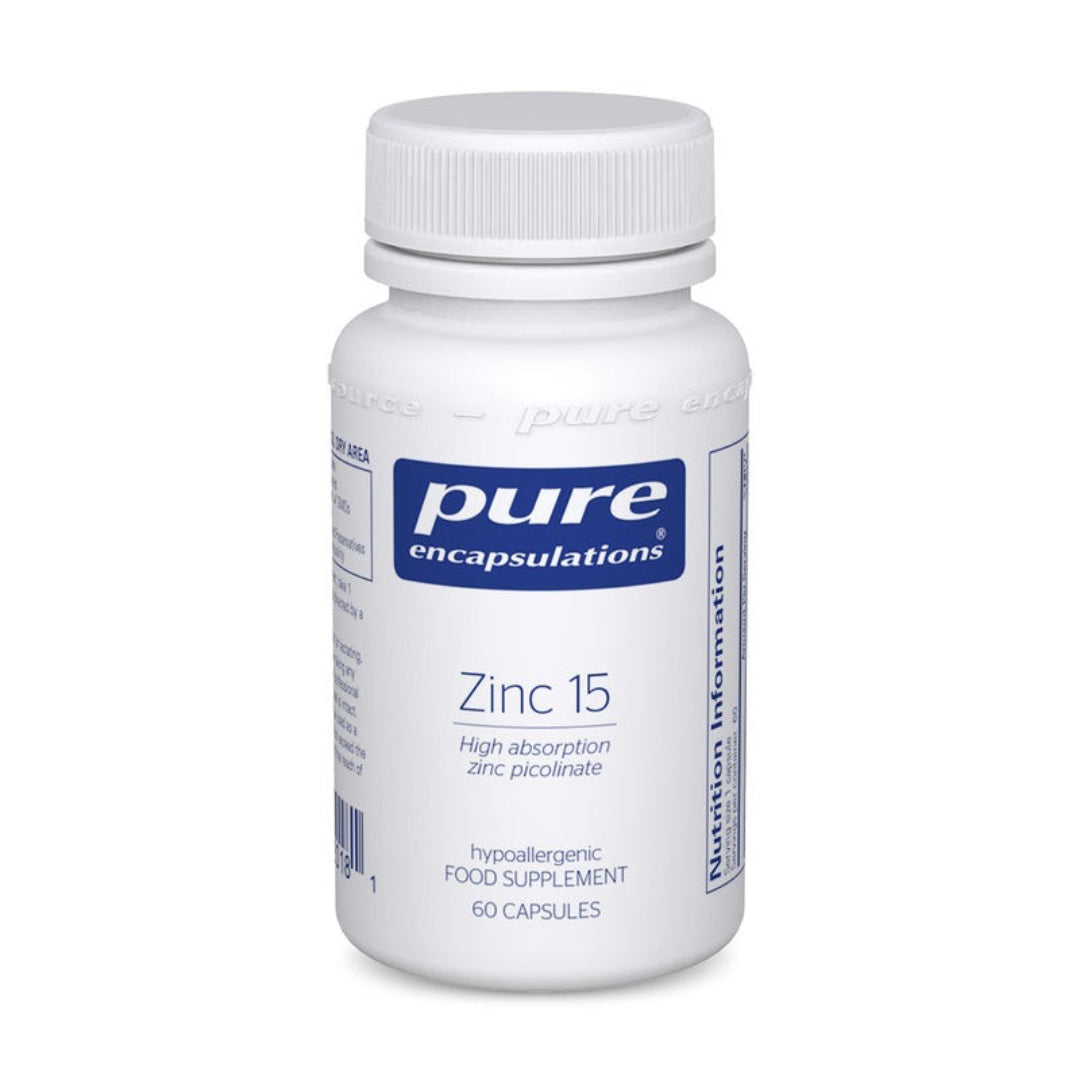 A white plastic bottle of Pure Encapsulations Zinc 15 dietary supplement with a white ribbed cap, shown on a plain white background.