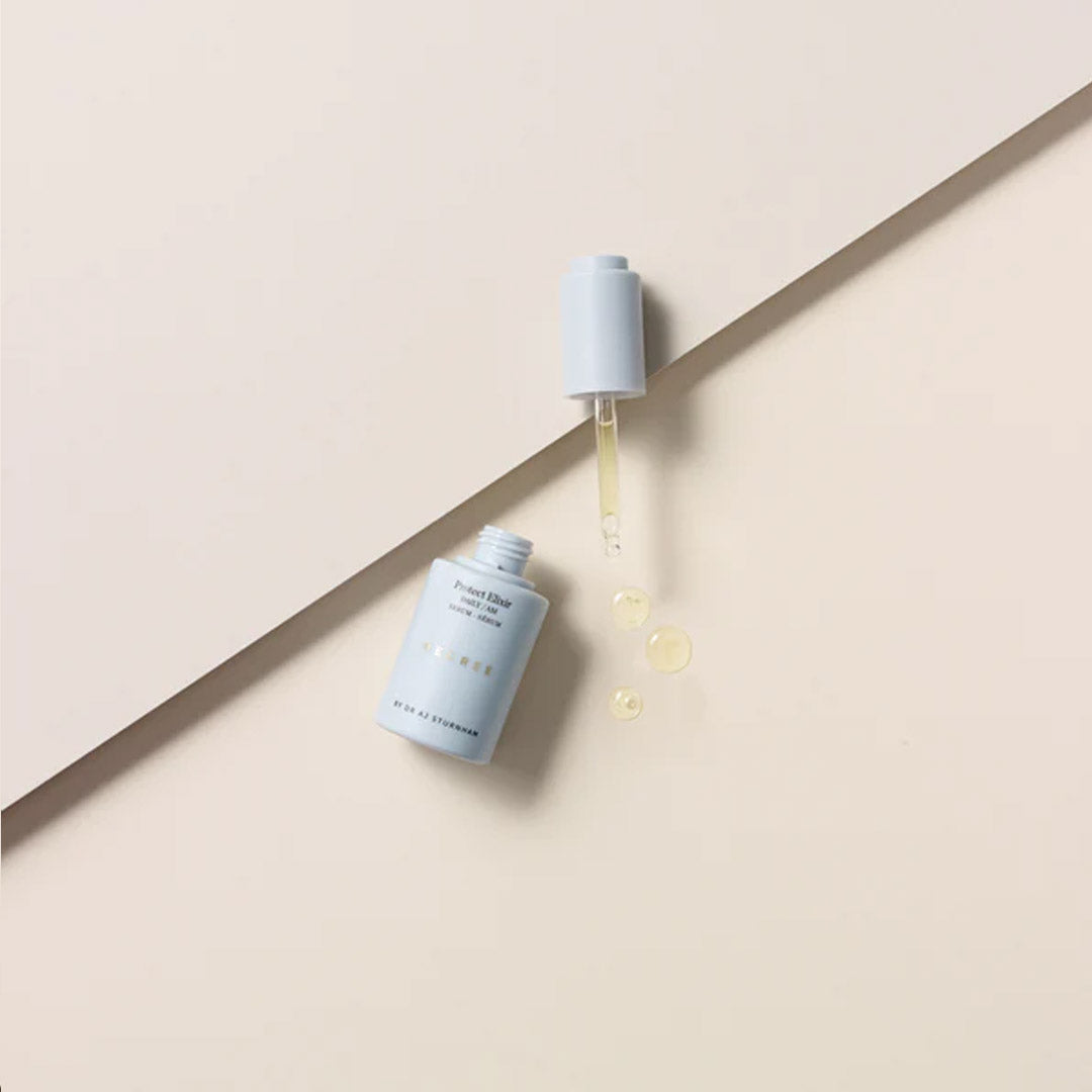 Decree AM Essentials with three drops of serum next to the bottle