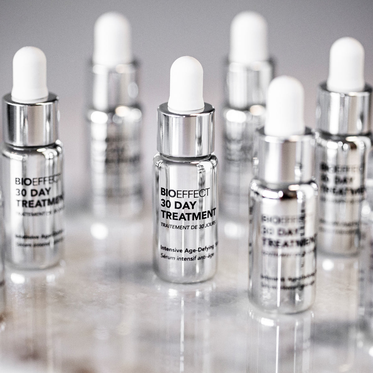 A collection of BIOEFFECT 30 Day Treatment bottles