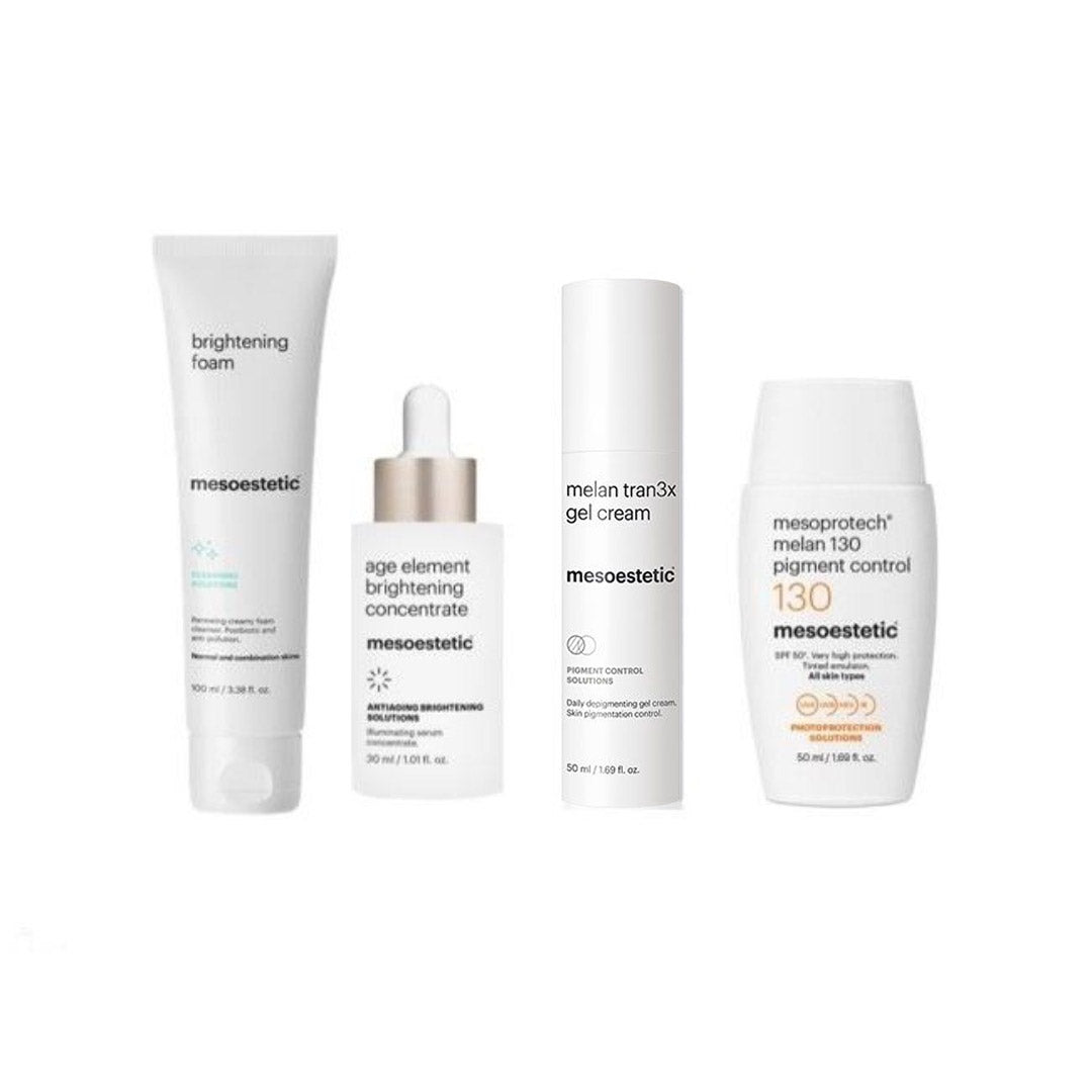 four of mesoestetic products - mesoestetic Brightening Foam (100ml) mesoestetic Age Element Brightening Concentrate (30ml) mesoestetic Melan Tran3x Daily Depigmenting Gel Cream (50ml) mesoestetic Mesoprotech Melan 130 Pigment Control (50ml)